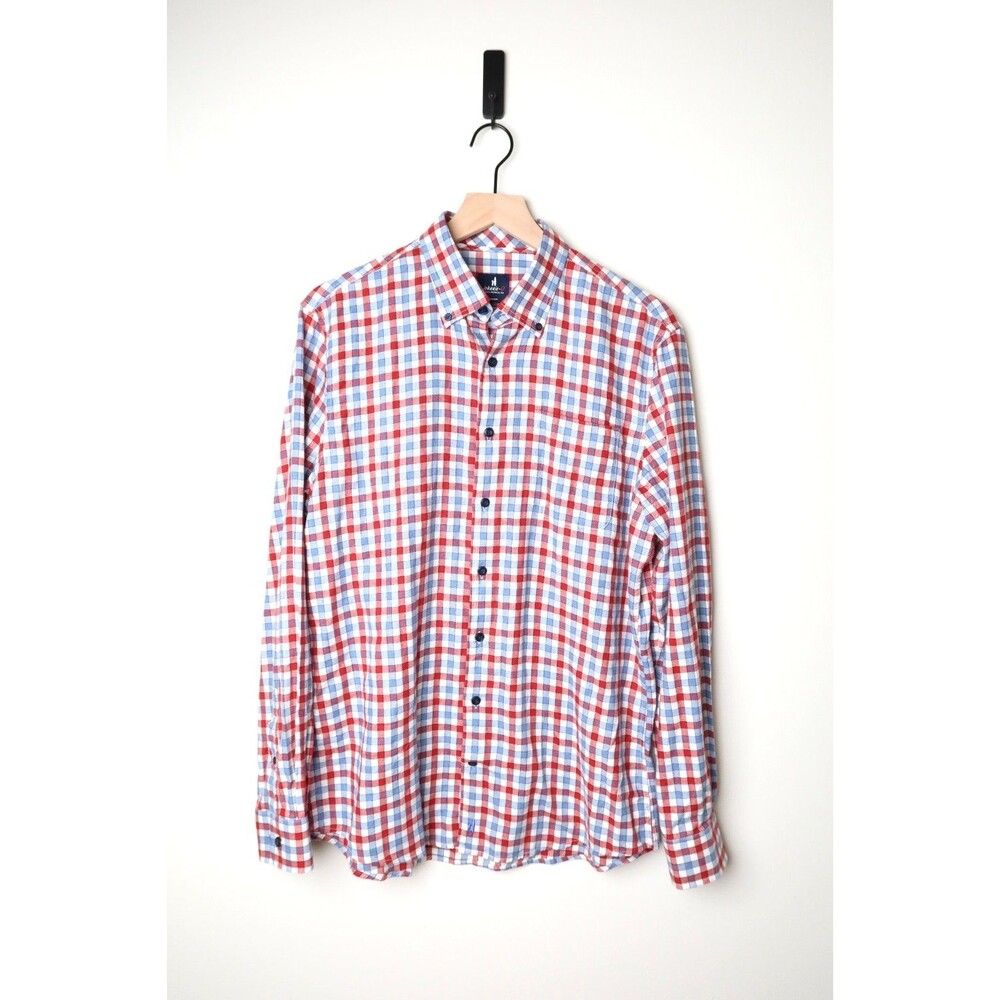 Johnnie-O Mens Red/Blue Checkered Size Medium Cotton Blend Button Down Shirt